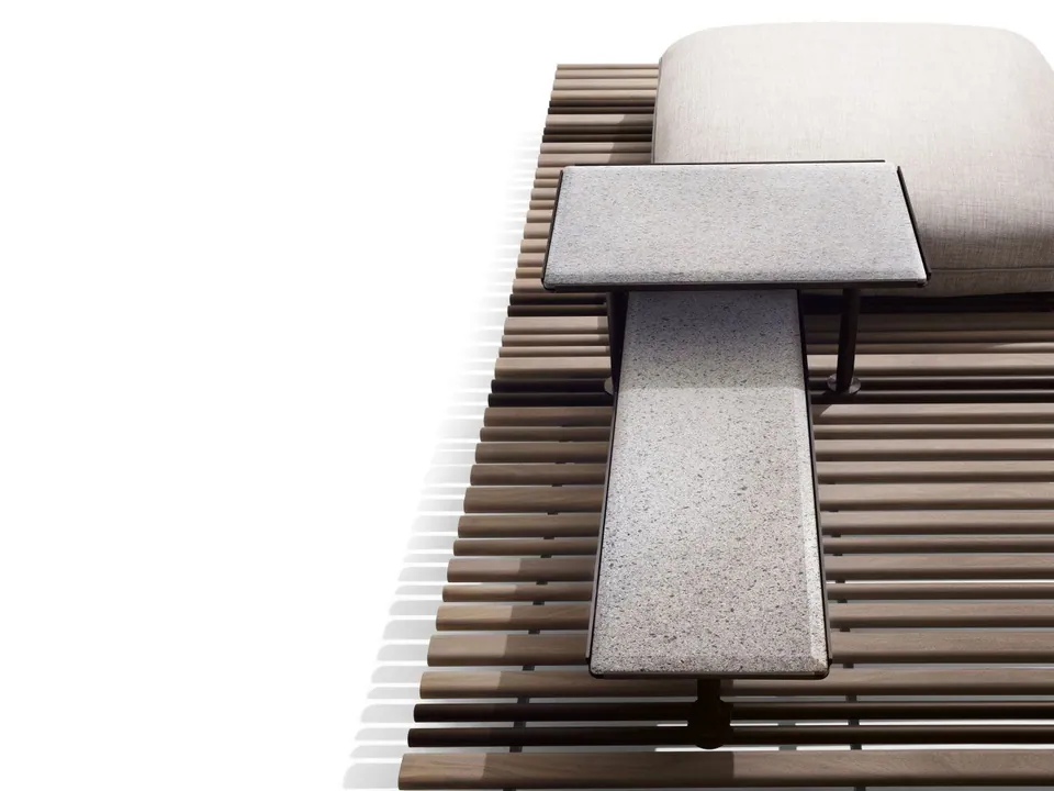 Giorgetti Apsara square steel garden side table, photographed for the catalogue