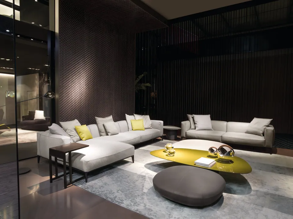 Giorgetti Aton square fabric pouf, photographed for the catalogue