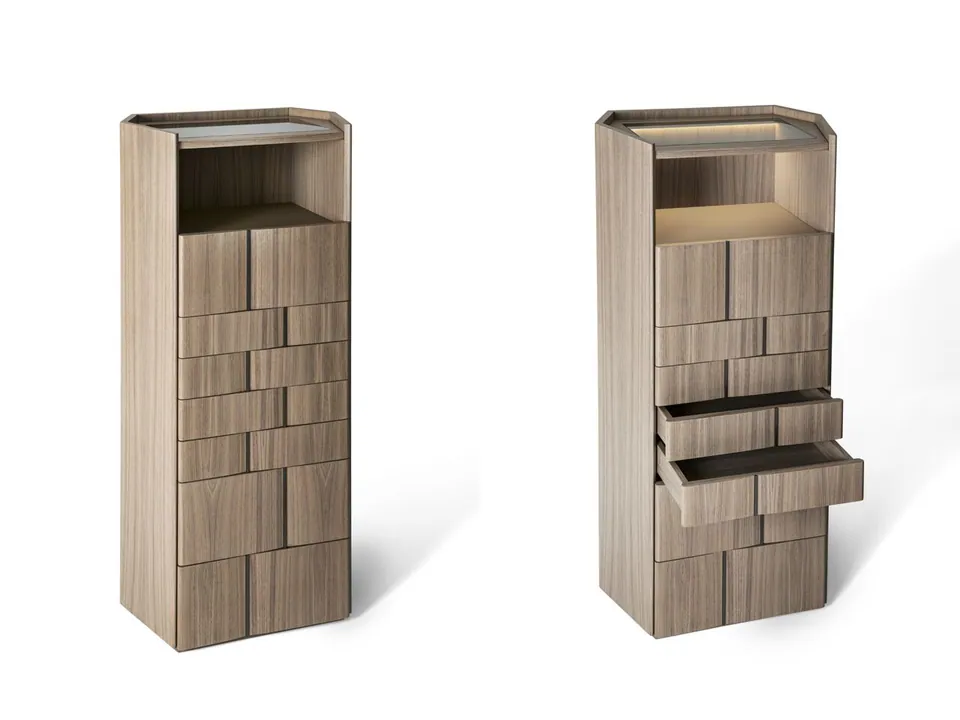 Giorgetti Delphi wooden bedside table with built-in lights, photographed for the catalogue