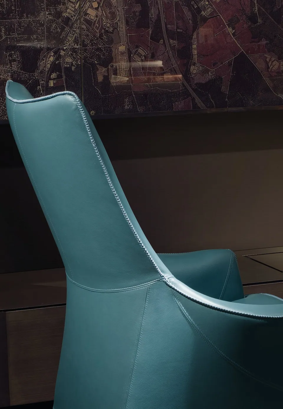 Giorgetti Mobius bergère leather armchair with armrests, photographed for the catalogue