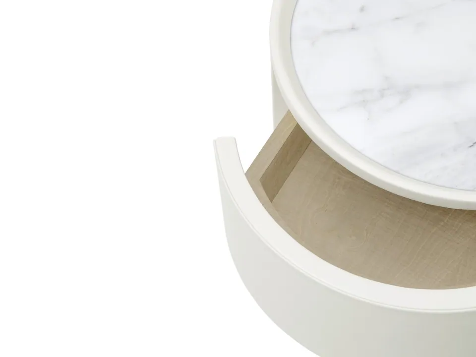 Giorgetti Vibe round leather and marble bedside table with drawers, photographed for the catalogue