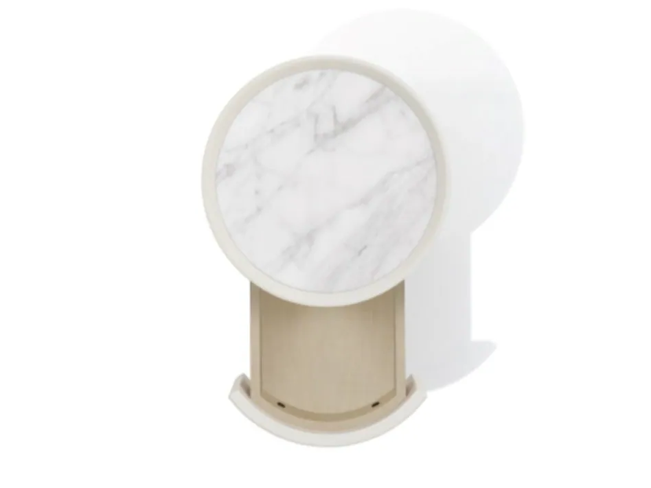 Giorgetti Vibe round leather and marble bedside table with drawers, photographed for the catalogue